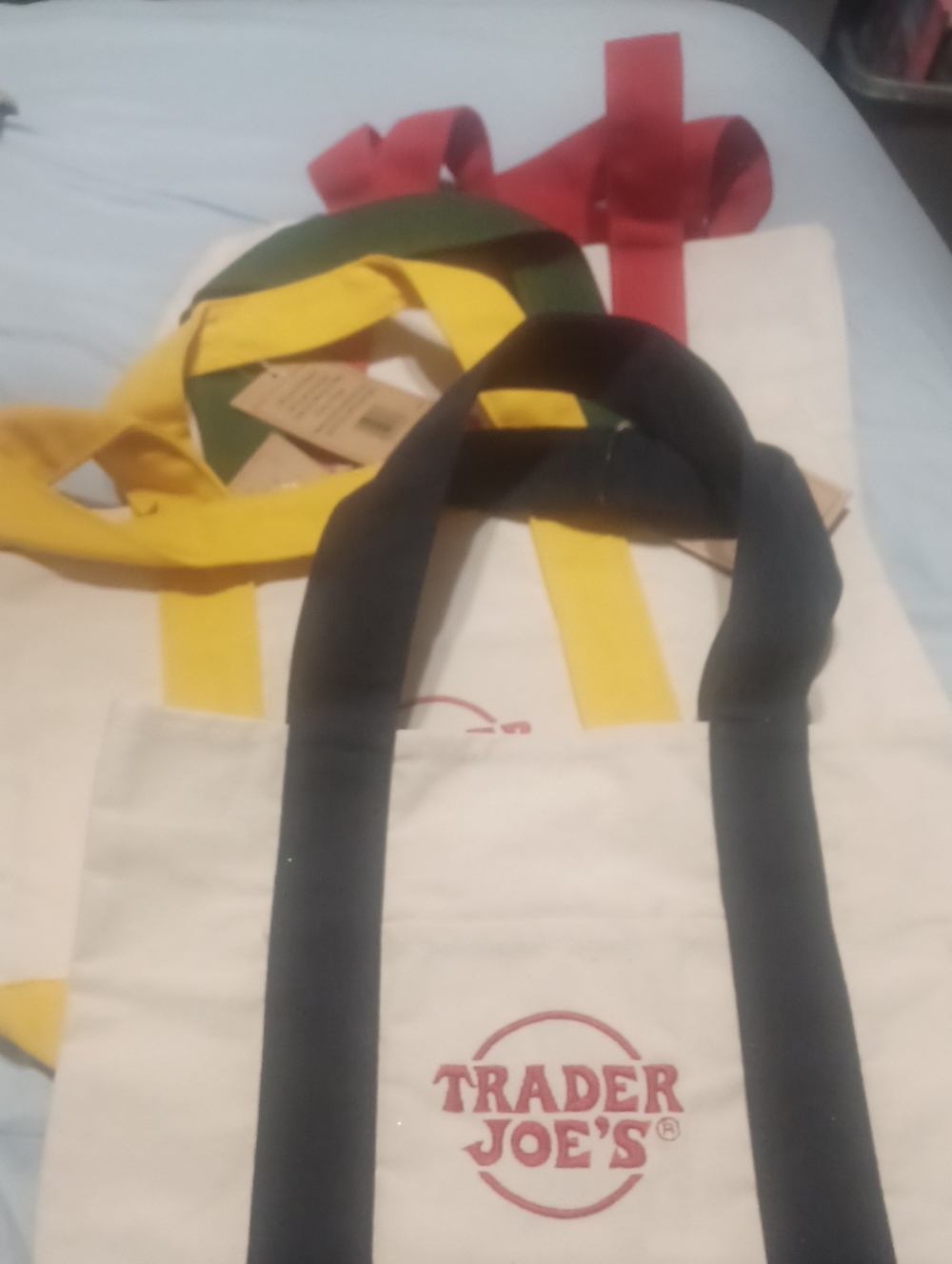 Trader Joe's Canvas Mini Tote Bag Bundle- Navy Blue, Yellow, Red, Green